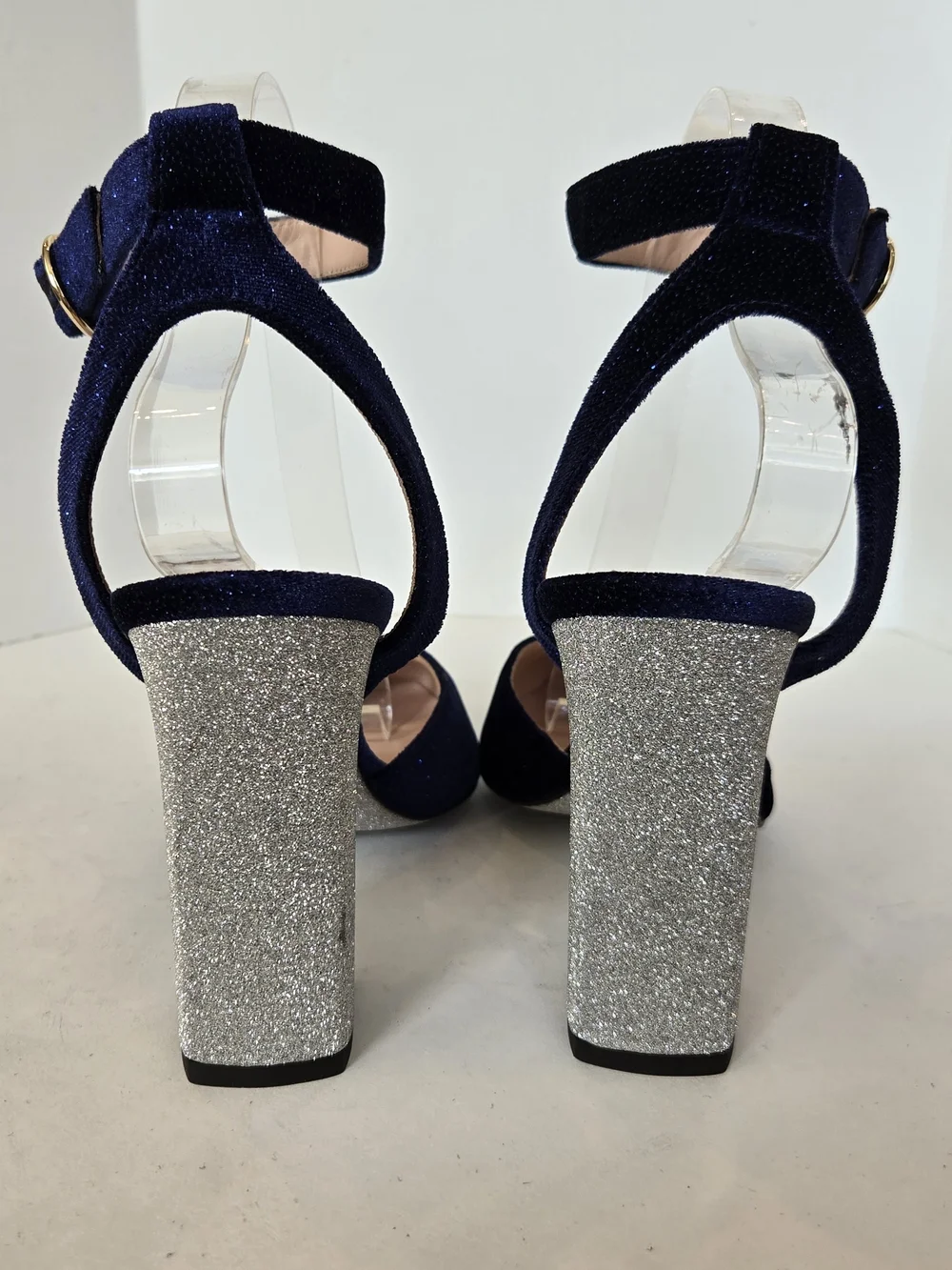 J. Crew Harlow Navy Velvet Ankle-Strap Block Heels Silver Glitter Heel